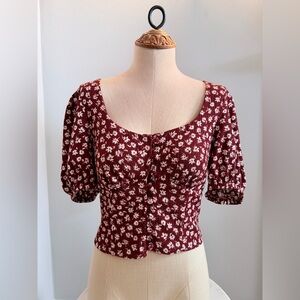 Free People Burgundy Floral Scoop-Neck Button Crop Top